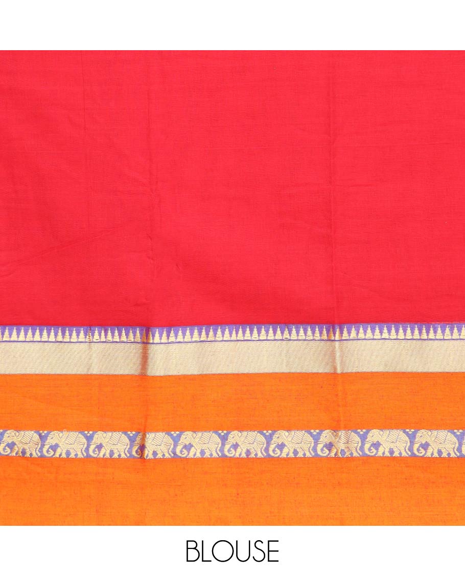 Red narayanapet cotton saree with contrast temple elephant design border & bhavanji pallu
