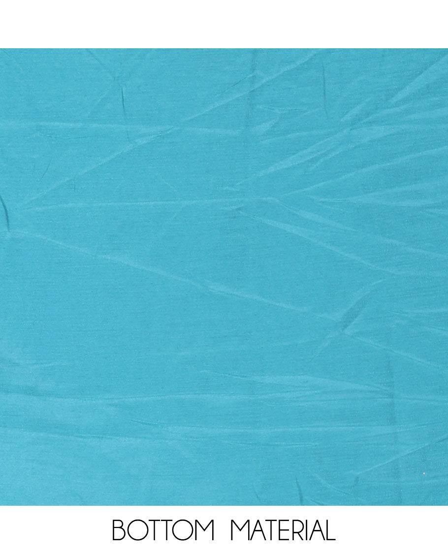 Blue Material Chudidar Set Embellished with Floral-Geometric Printed with Neck Embroidered Chinon Top, Subtly Made Plain Santoon Bottom, and a Chinon Dupatta Featuring Printed Border, and Glitter Dots