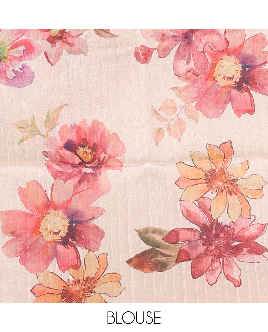 Pink plain fancy tussar digital printed saree, contrast floral digital printed border, floral printed pallu, and a floral printed blouse