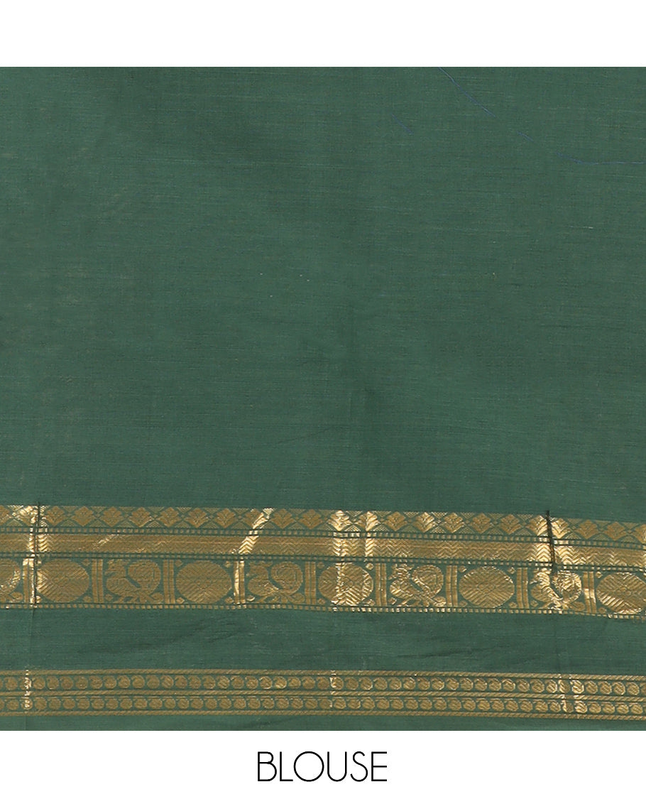 Dark Green Plain Chettinad Cotton Saree, Highlighted by a Rettai Pettu Traditional Border, a Matching Blouse