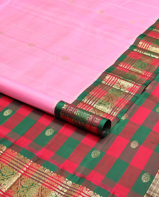 Pink zari buttas Kanchipuram silk saree, contrast one-sided korvai checked border of Banaras,neli & jada nagam & checked pallu of chakram design