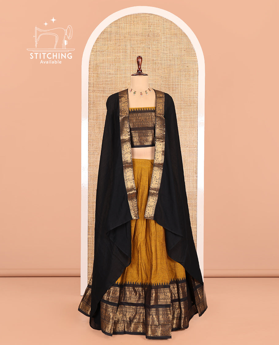 Mustard-Black Chettinad Cotton Half-Saree, Plain Contrast Traditional Temple Zari-Bordered Skirt, Matching Blouse, and a Contrast Dhavani