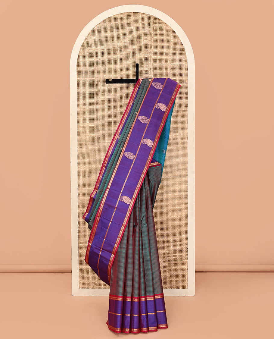 Blue Kanchipuram Silk Saree, Accentuated with Zari Buttas and Vazhaipoo Stripes on Its Body, Complemented by a Contrast Border of Muthu, Kathir, and Arumbu Manga Designs, Pallu of Zari Designs, and Paired with a Contrast Blouse