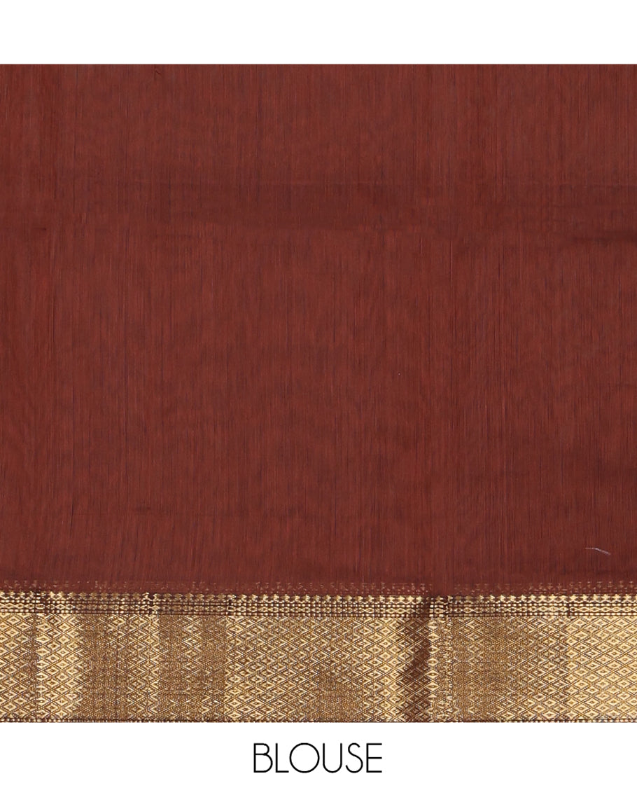 Brown Maheshwari Cotton Saree, Accentuated with Buttas, Highlighted by a Traditional Zari Border, Zari Gleamed Up Pallu, and a Matching Blouse