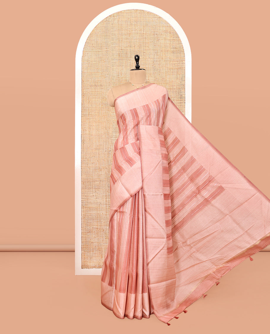 Pale Pink Fancy Tussar Saree, Graced with Stripes, a Subtle Plain Border, Plain Pallu, and a Matching Blouse