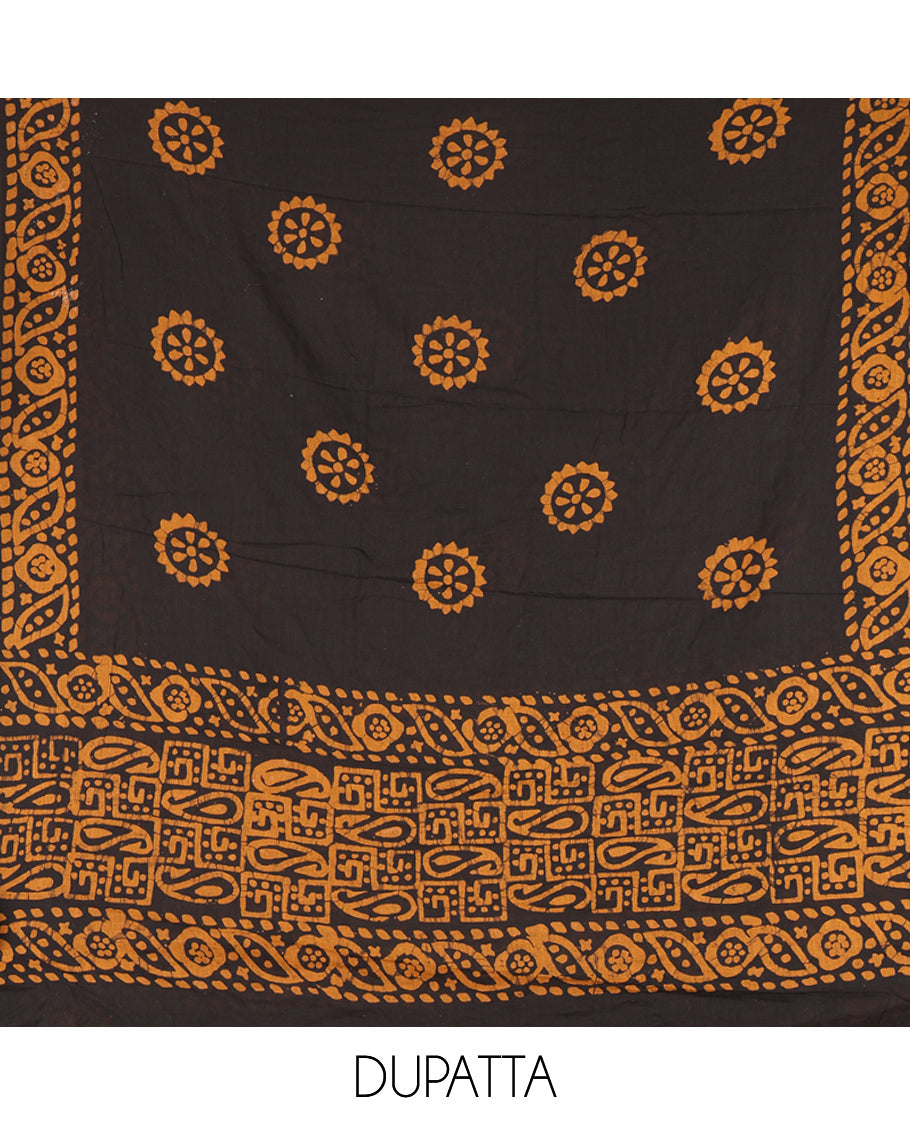 Black-Orange Cotton Material Churidar Set, Paisley Batik Printed Top, a Matching Bottom, a Batik Printed Dupatta