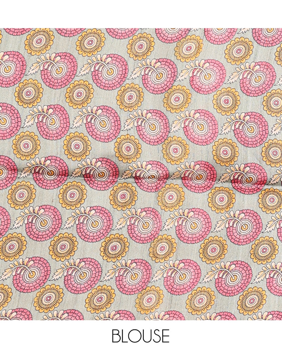Wine Tussar Silk Saree, Detailed with Checks, a Subtle Border, Pallu Steeped with Stripes, and a Contrast Printed Blouse