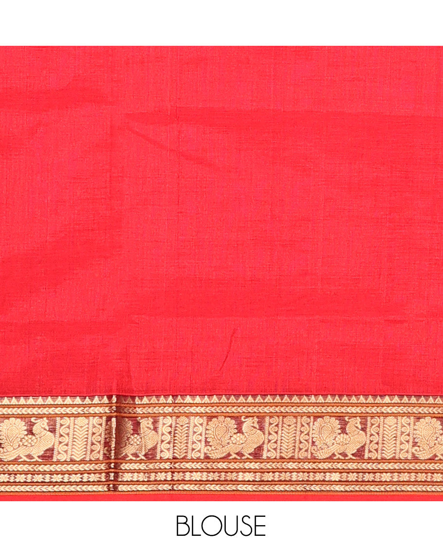 Red Buttas-Checks Kuppadam Silk Saree, a Semi-Contrast Traditional Peacock Border, Grand Pallu, a Matching Blouse