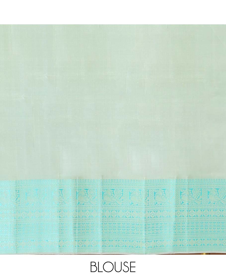 Green buttas kancheepuram silk saree with contrast border of intricate zari design & striped floral design pallu