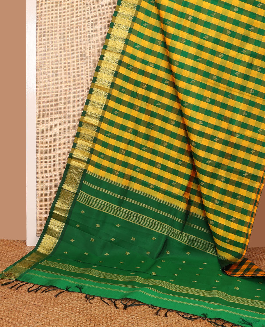 Multi-color checked & zari buttas Kanchipuram silk saree, one-sided zari design border & zari design pallu