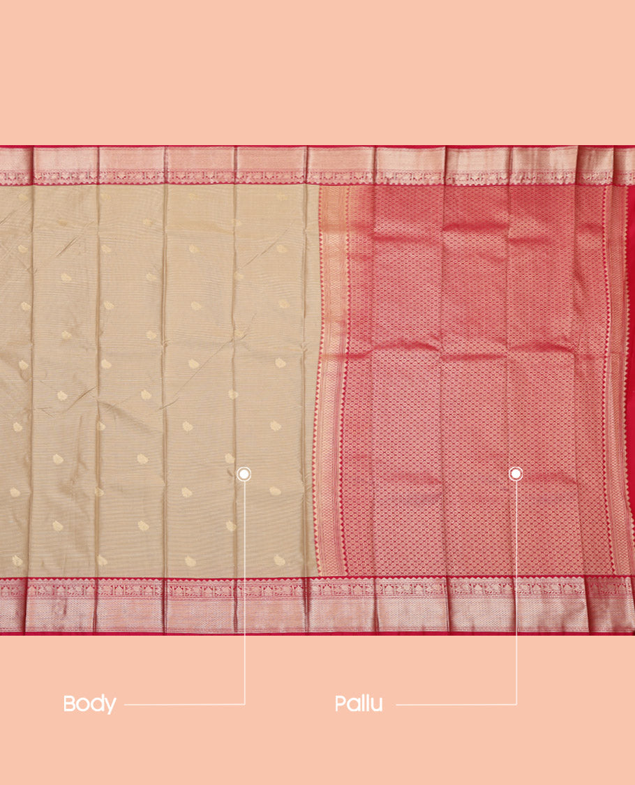 Beige Budget Silk Saree, Subtly Sparkled with Zari Buttas and Stripes, Complemented by a Contrast Traditional Zari Border, Grand Pallu, and a Contrast Blouse