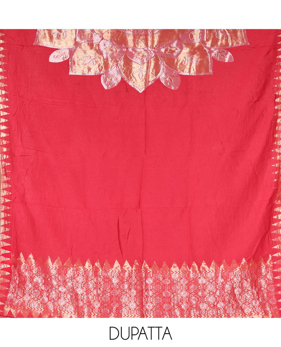 Red Semi-Silk Material Churidar Features Zari Buttas Skirt, a Plain Bottom, and a Floral Motif Zari Woven Dupatta