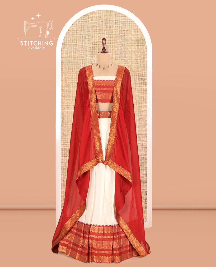 Cream-Red Semi-Silk Half-Saree