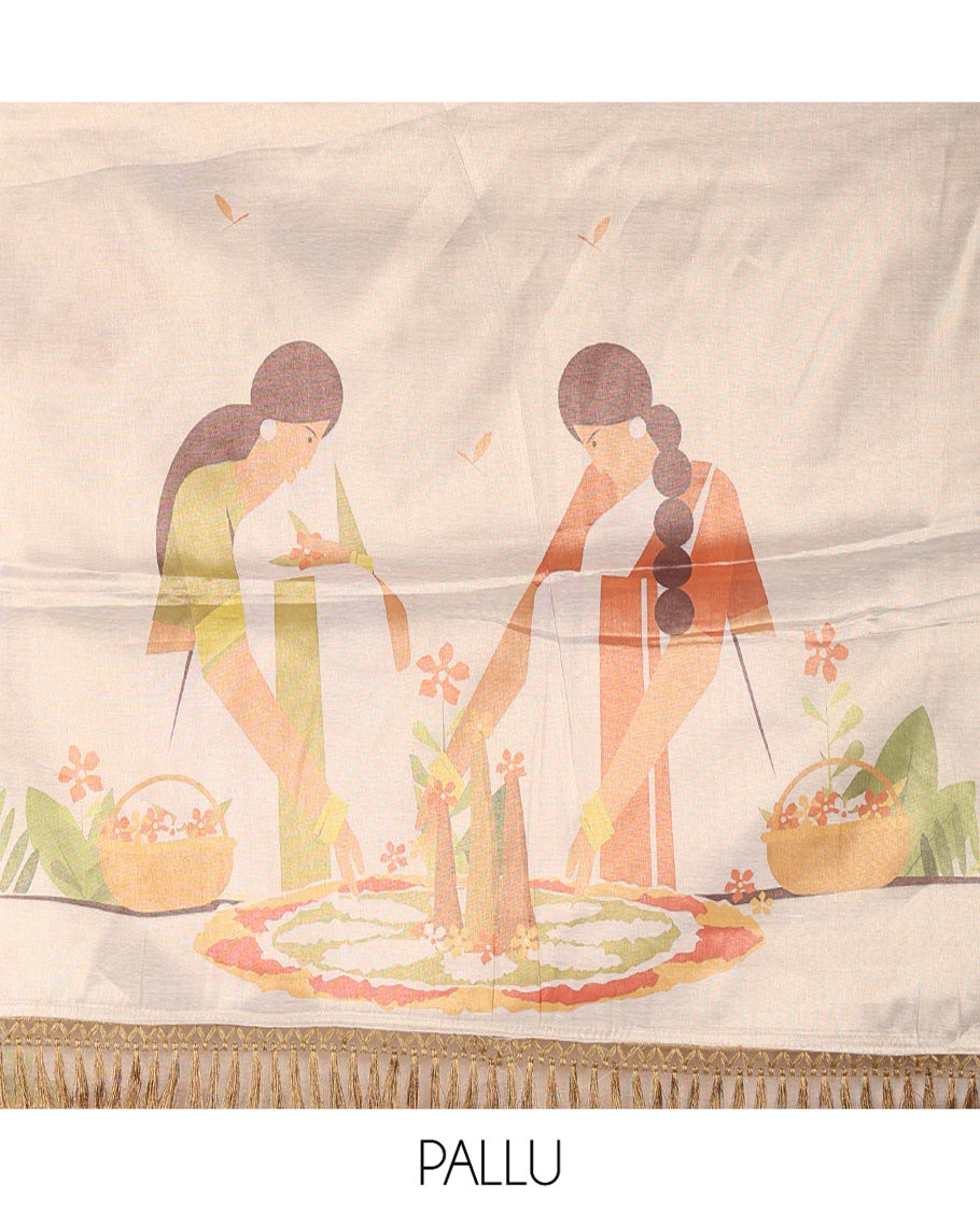 Borderless Gold Tissue Saree, Depicting Two Women Drawing Onam Kolam Motifs and Comes With a Plain Blouse