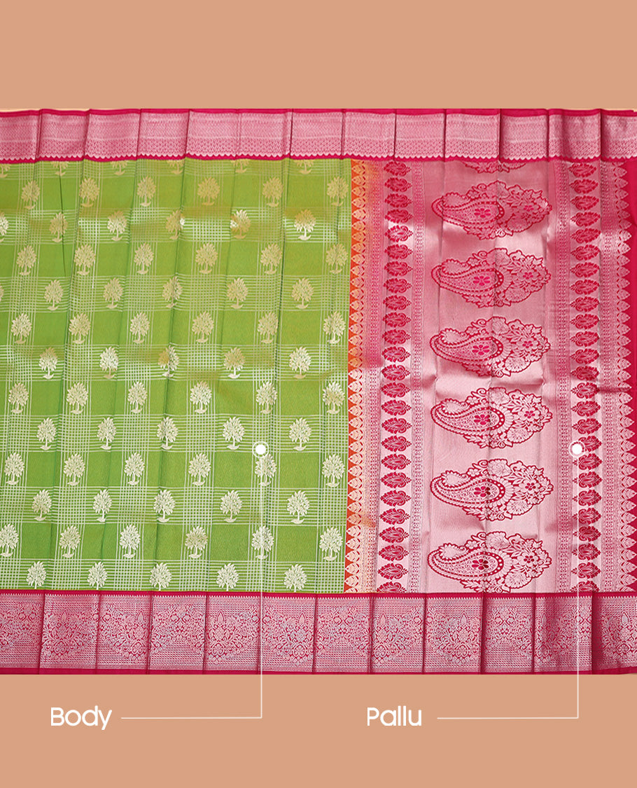Green Budget Silk Saree, Elevated with Tree Butta Enclosed Checked Design All Over Its Body, Complemented by a Contrast Traditional Zari Design Border, Pallu of Paisleys, and Paired with a Contrast Blouse