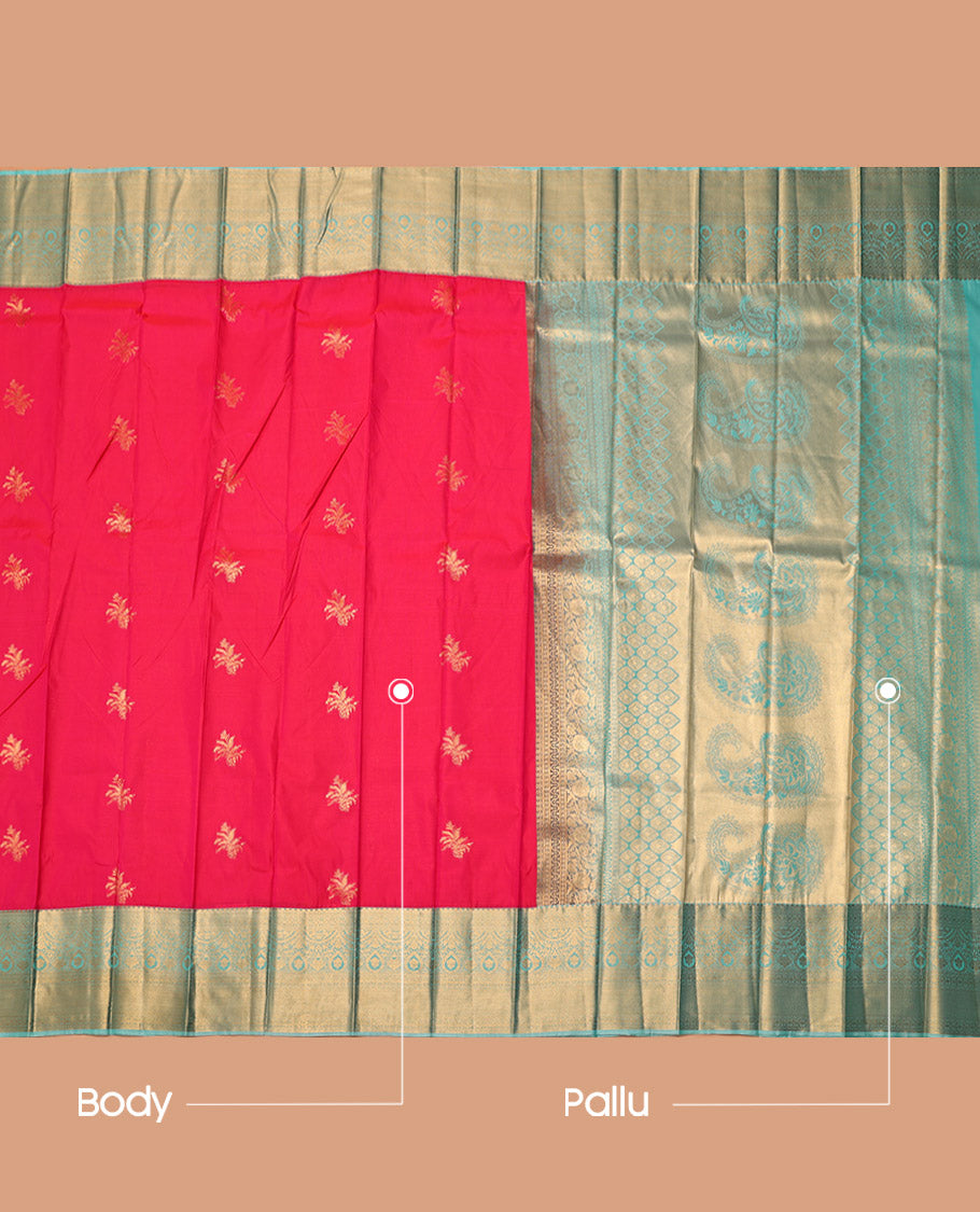 Pink Budget Silk Saree, Adorned with Zari Buttas, Complemented by a Contrast Traditional Zari Border, Grand Pallu, and a Contrast Blouse