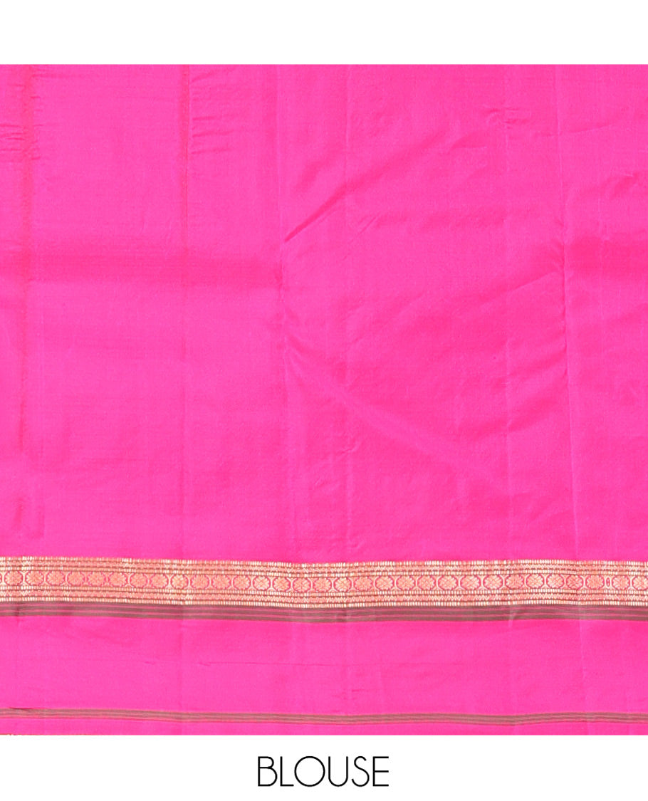 Orange Zari Striped Vasundhara Silk Saree, Contrast Kal Eragina Border of Neli, Muthu, Cross Kamalam Designs, Grand Pallu, and a Contrast Blouse
