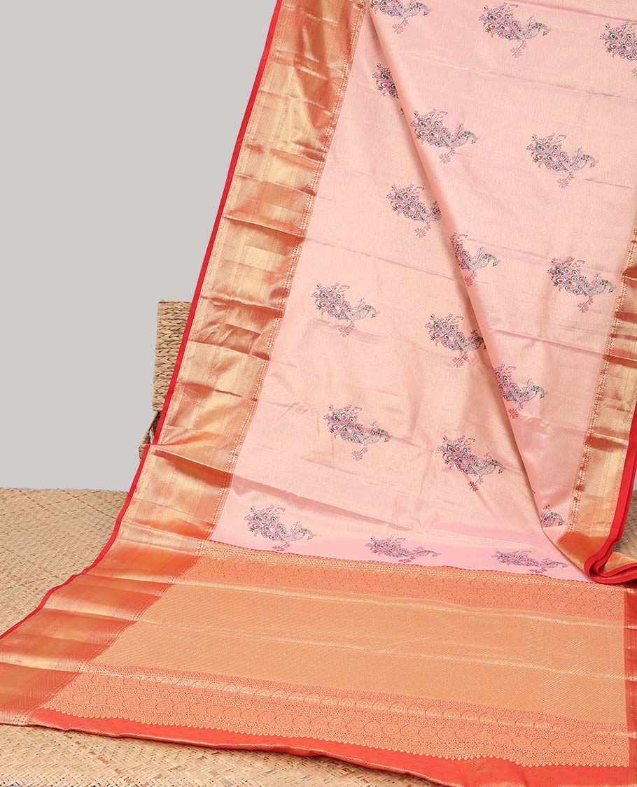 Peach peacock buttas budget silk saree with contrast intricate zari design border & floral zari design pallu