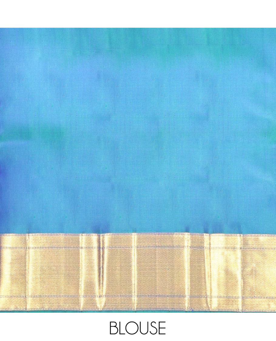 Blue Embossed-Mayil Chakram Buttas Kanchipuram Silk Saree, a Zari Border, Grand Pallu, Matching Blouse