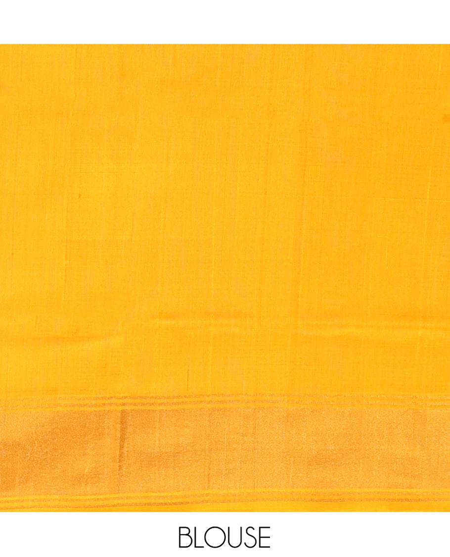Yellow Uppada Silk Saree, Subtly Sparkled with Buttas, a Contrast Zari Border, Pallu of Mughal-Style Jaal Designs, and a Contrast Blouse