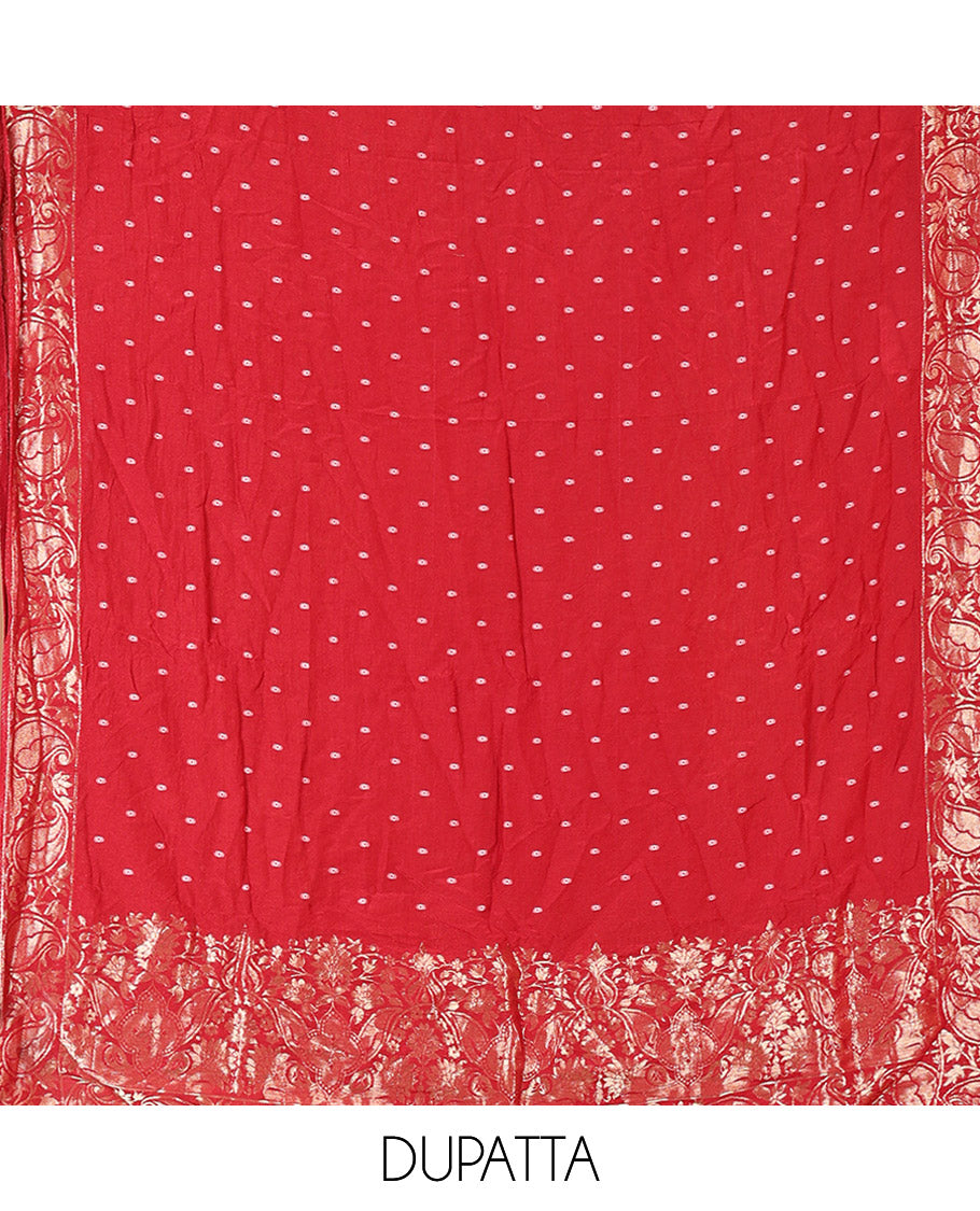 Red Mul Chanderi Material Chudidar Set, Subtly Printed with Bandhani-Style Printed Top, a Plain Santoon Bottom, and Paired with a Matching Mul Chanderi Bandhani-Dotted and Zari-Woven Dupatta