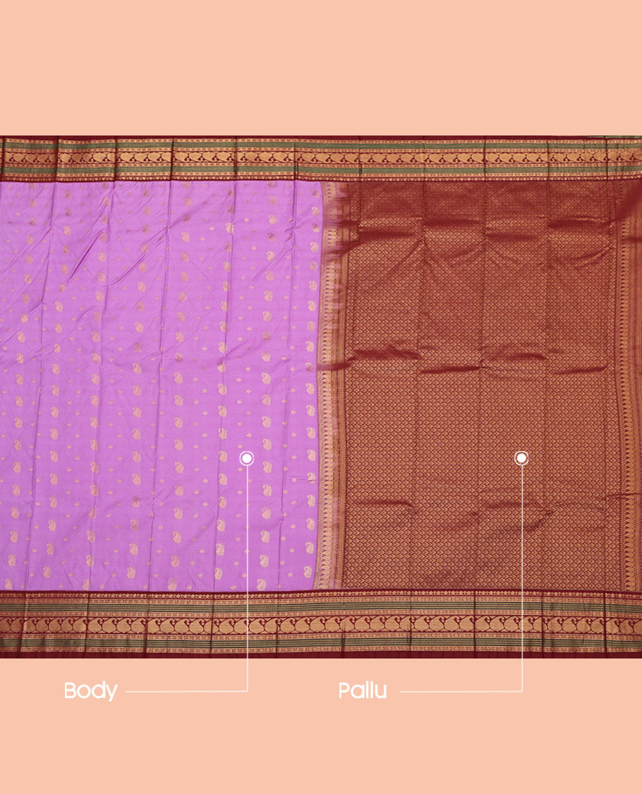 Pink Budget Silk Saree, Decked Up with Zari Buttas All Over Its Body, Complemented by a Contrast Traditional Zari Design Border, Grand Pallu, and Paired with a Contrast Blouse