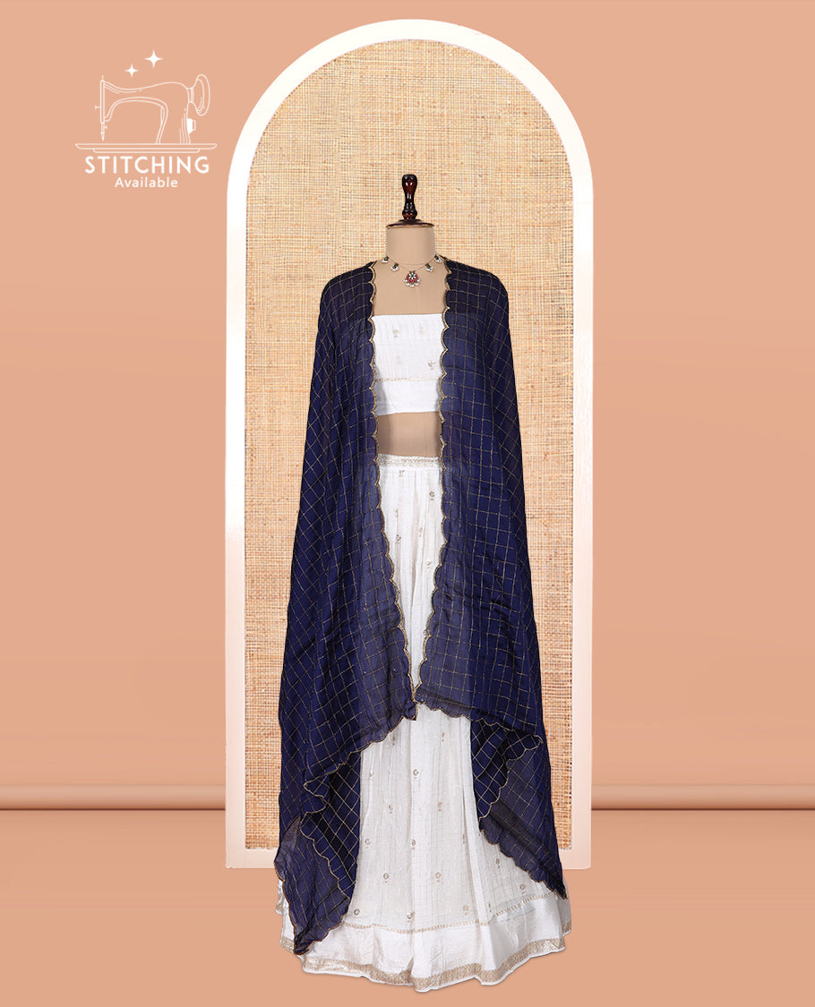 Cream-Blue Viscose Georgette Half-Saree, Buttas Skirt, Matching Blouse, Contrast Checked Dhavani