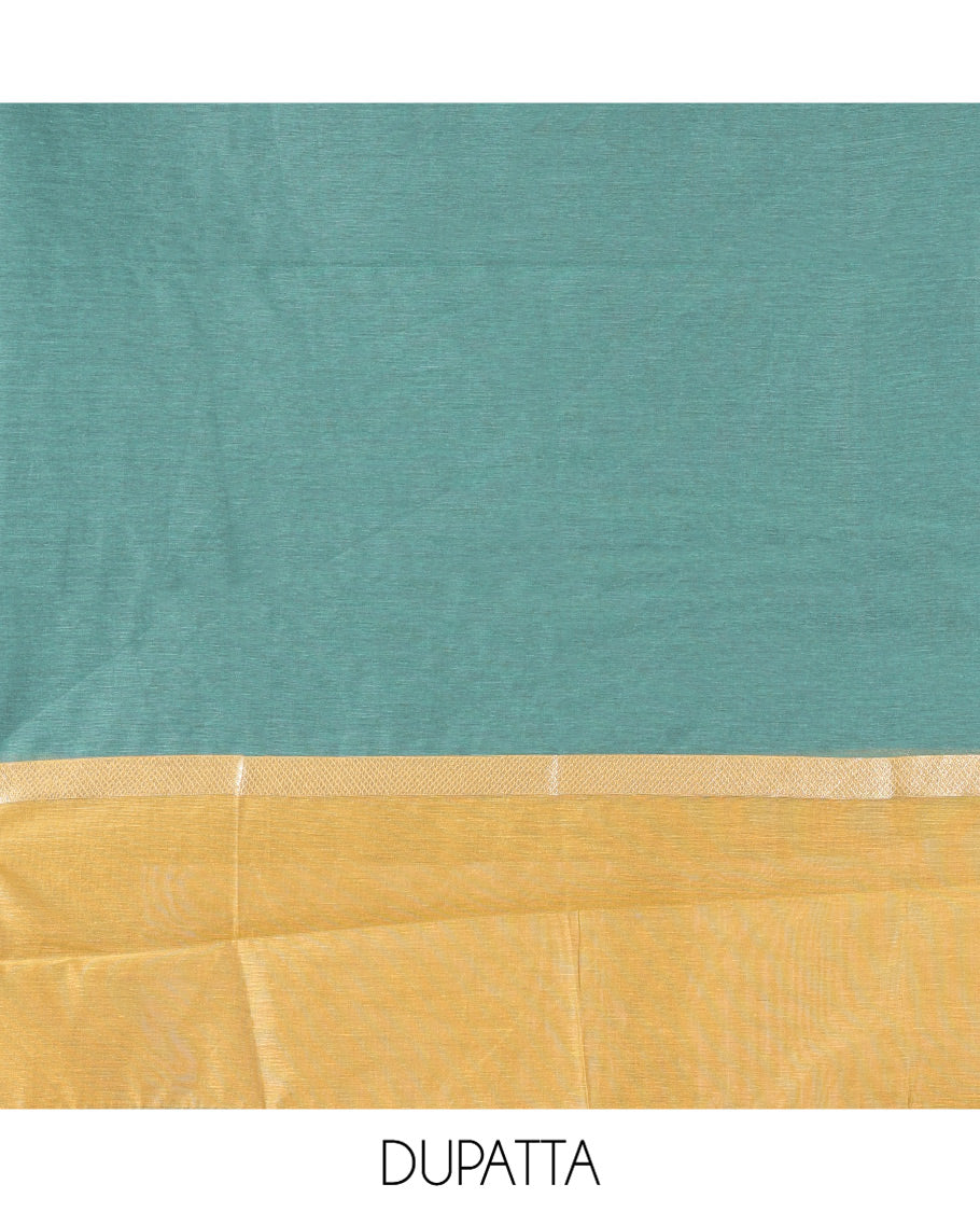 Mustard Yellow Semi-Chanderi Material Churidar Features Floral Buttas Top, a Plain Bottom, and a Contrast Dupatta