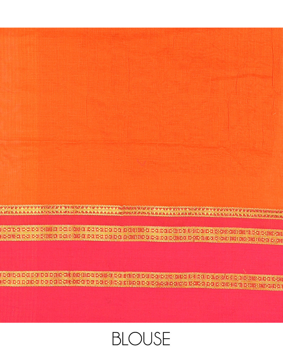 Orange Plain Khadi Mul Cotton Saree, Complemented by a Contrast Traditional Zari Varisai Pettu Border, Plain Pallu, and No Blouse