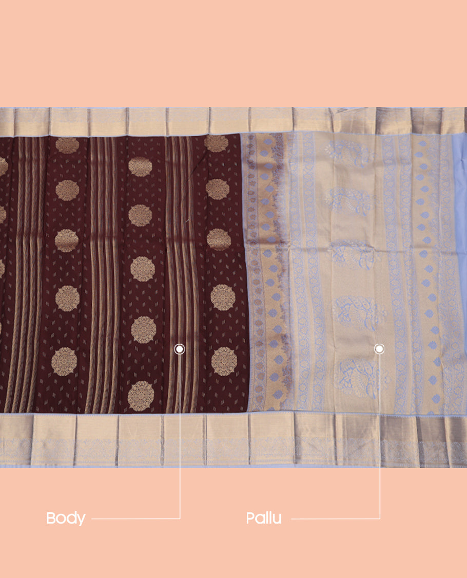 Brown Budget Silk Saree, Accentuated with Zari Buttas, Complemented by a Contrast Traditional Zari Border, Grand Pallu, and a Contrast Blouse