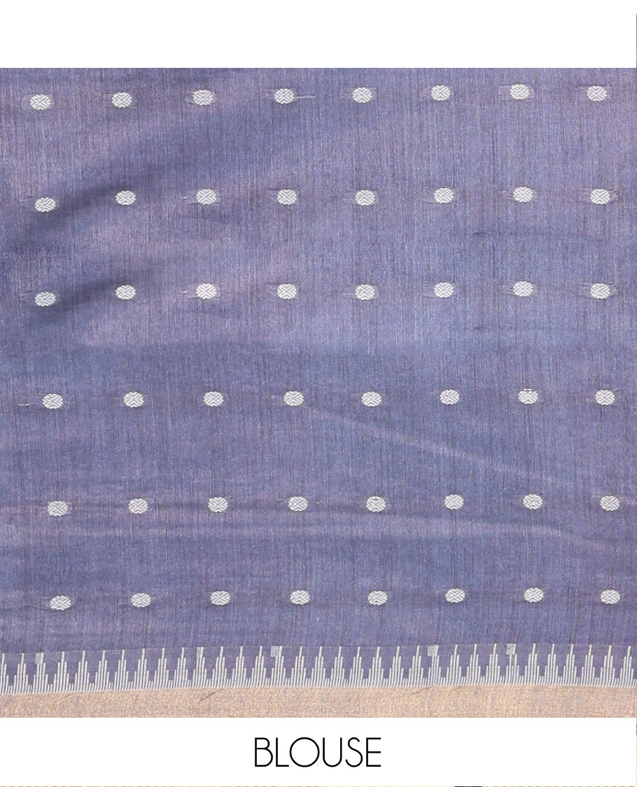 Grey Tussar Saree, Adorned with Rudraksha Motifs, a Subtle Temple Zari Border, Pallu of Stripes and Buttas, and a Matching Blouse