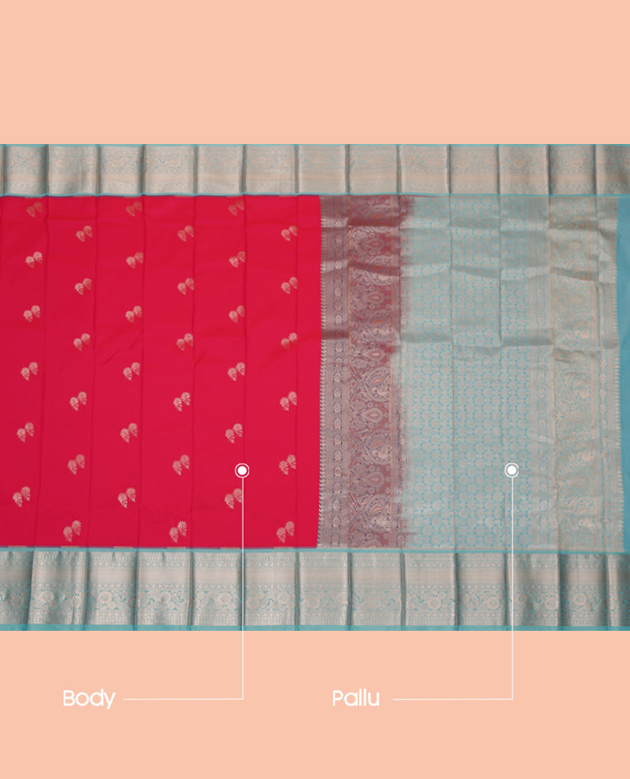 Red Budget Silk Saree, Accentuated with Floral Buttas, Complemented by a Contrast Traditional Zari Border, Intricate Pallu, and a Contrast Blouse