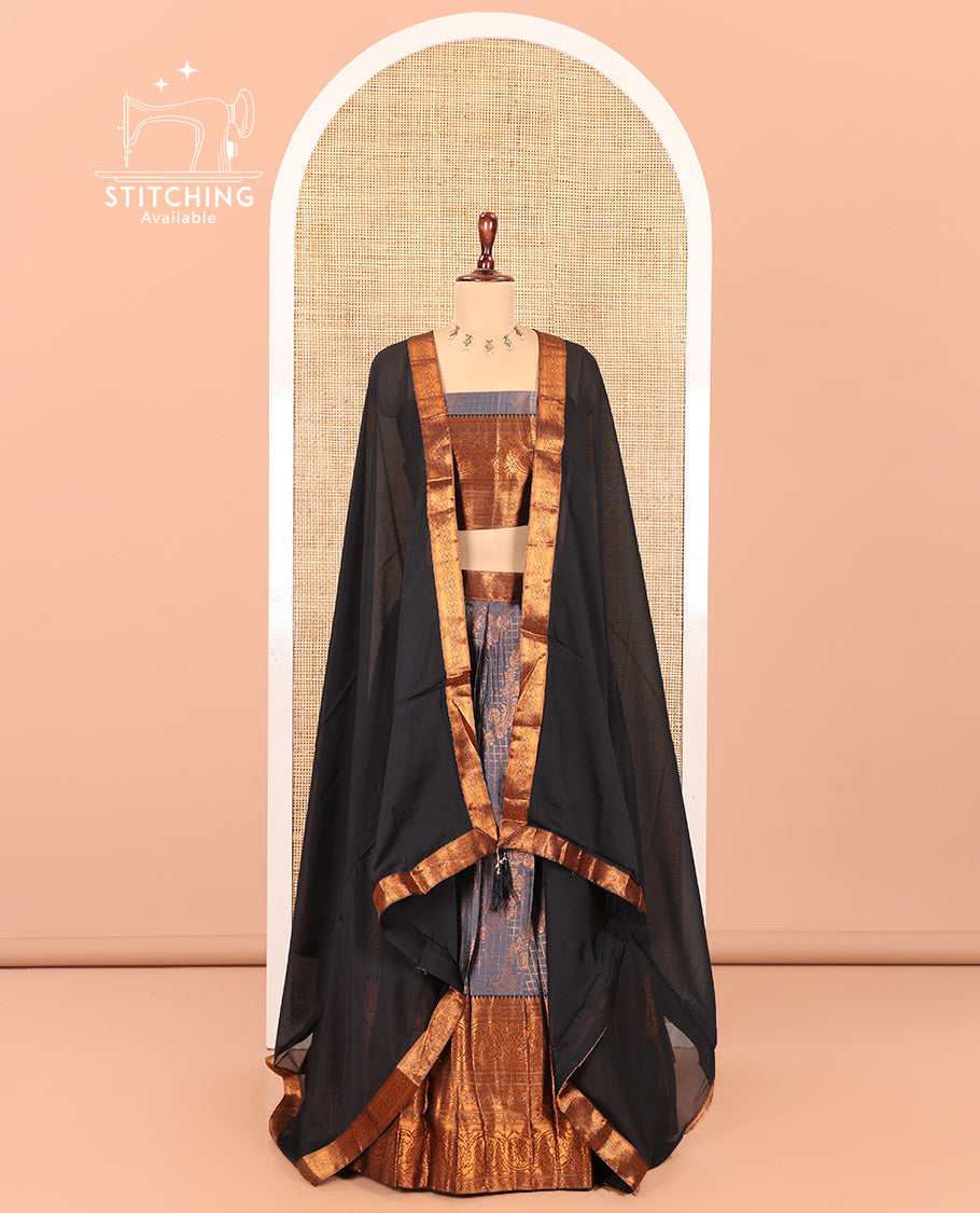 Grey-Black Semi-Banarasi Half-Saree Features Jacquard Skirt, Contrast Traditional Border, Matching Blouse, and Syska Georgette Dhavani