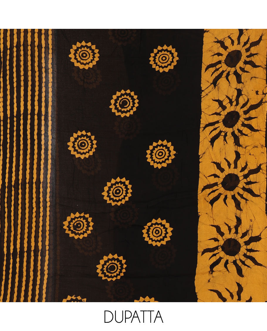 Black and mustard material chudidar set, sun brust and chakra motifs hand block printed Viscose georgette top, contrast bottom, and hand block printed viscose georgette dupatta