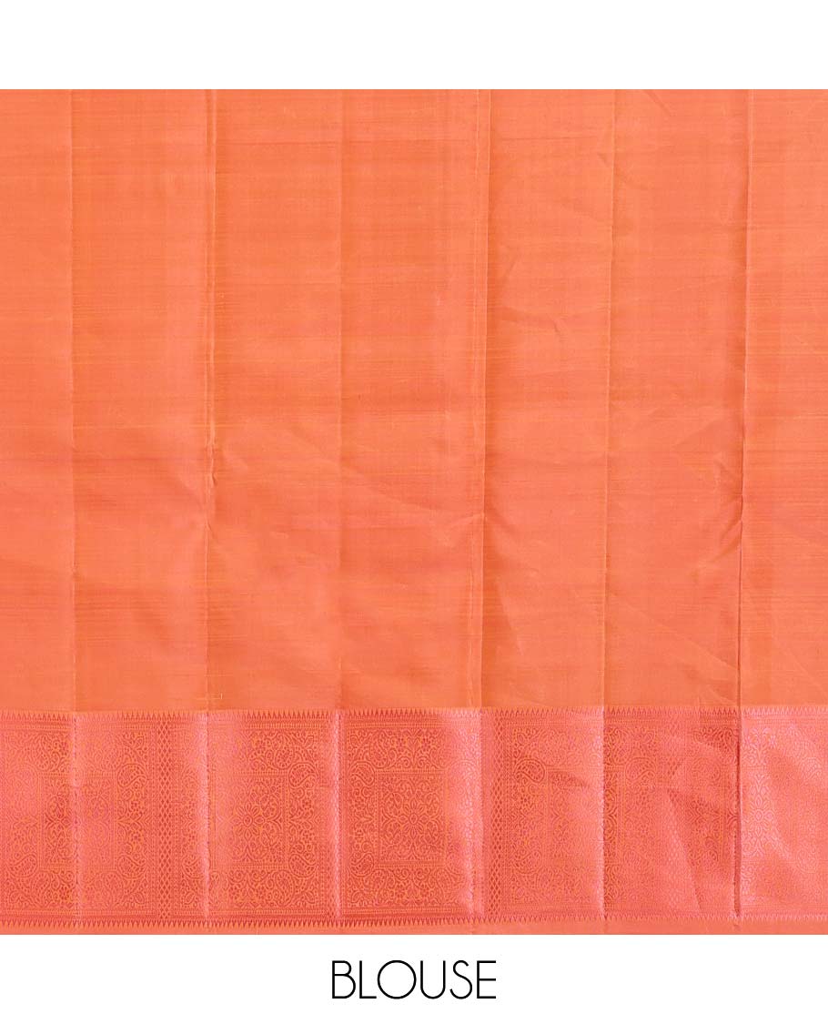 Sandal Kanchipuram Silk Saree, Styled with Mayil-Chakram Buttas, Complemented by a Contrast Traditional Thread Woven Border, Jaal Pallu, and a Contrast Blouse