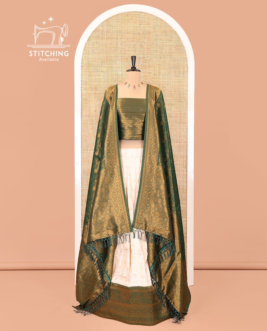 Cream-Leaf Green Banarasi Softy Half-Saree, Adorned with Jacquard, Contrast Traditional Border, Jacquard Blouse, Intricate Dhavani