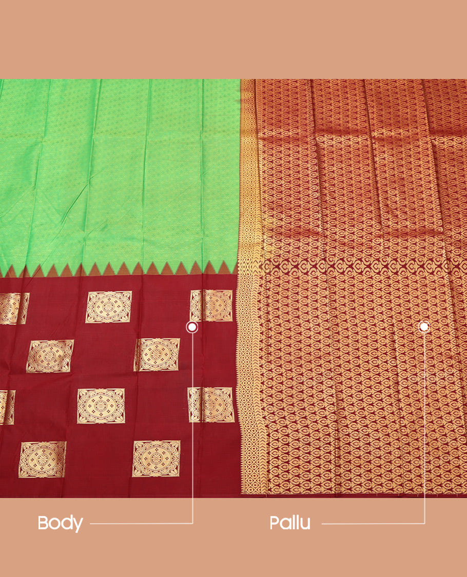 Borderless Red and Green Budget Silk Saree Features Embossed and Zari Buttas, Complemented by a Intricate Pallu, and Contrast Blouse