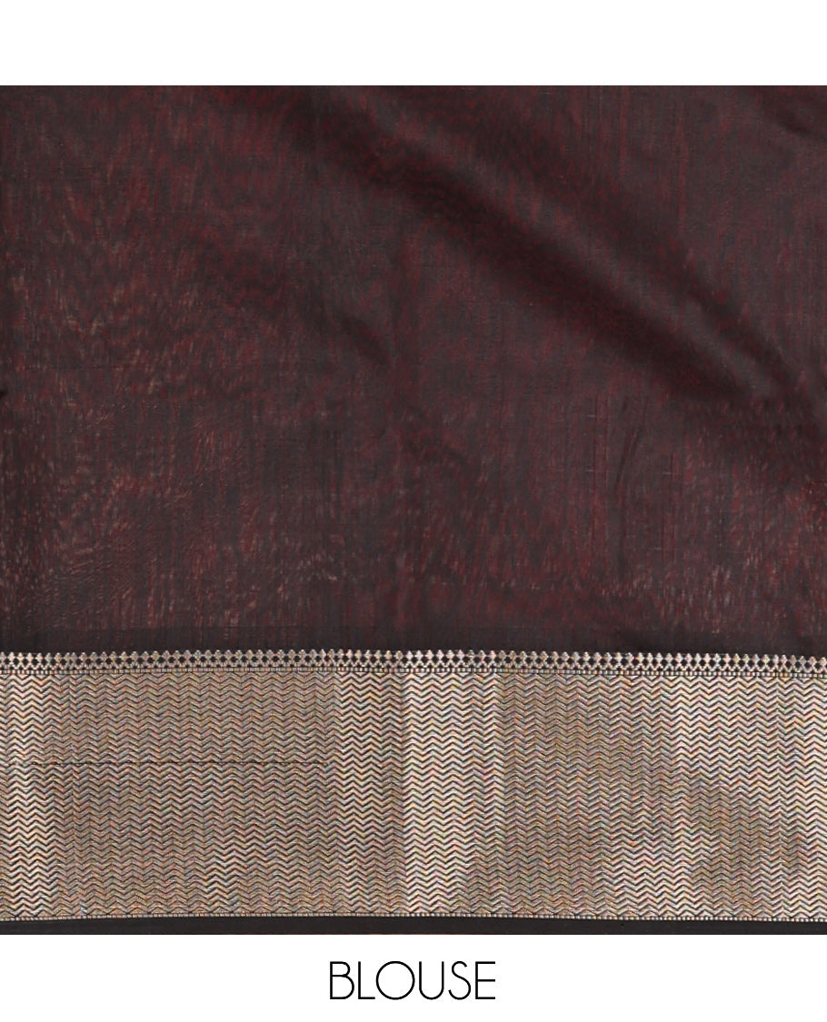 Red Maheshwari Cotton Saree, Finely Crafted with Buttas, Complemented by a Contrast Chevron Striped Zari Border, Zari Buttas Pallu, and a Contrast Blouse