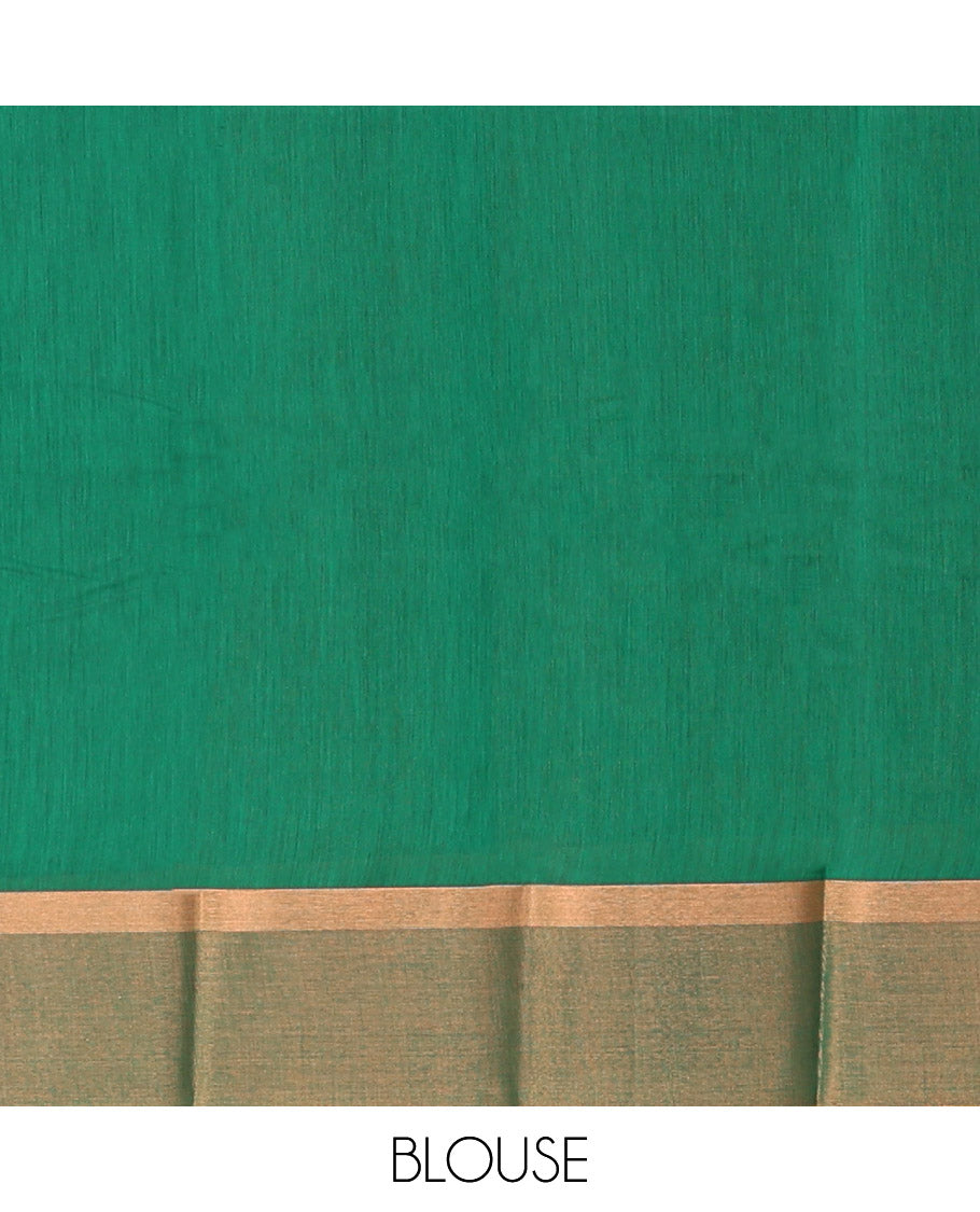 Green Semi-Silk Cotton Saree, Accentuated with Zari Buttas All Over Its Body, Highlighted by a Zari Border, Pallu of Intricate Zari Design, and Paired with a Matching Blouse