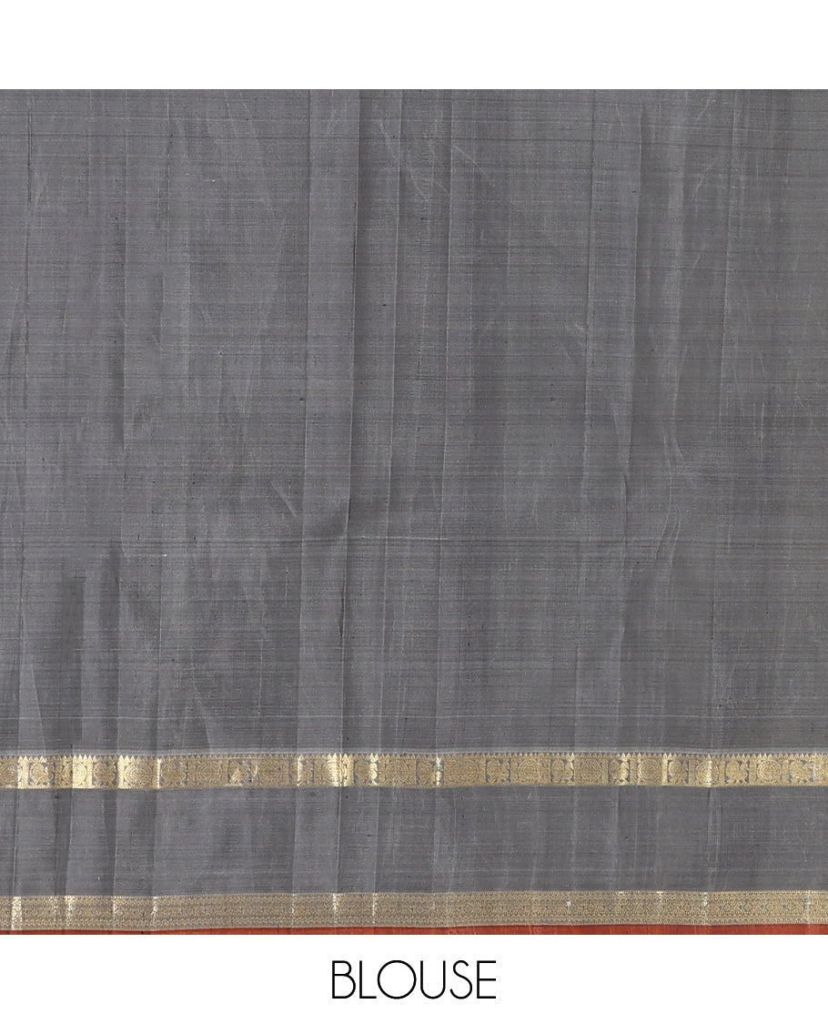 Green Kanchipuram Silk Saree, Artfully Detailed with Mayil-Chakram Buttas, a Contrast Rettai Pettu Border of Mayil and Chakram Designs, Jaal Pallu, and a Contrast Blouse