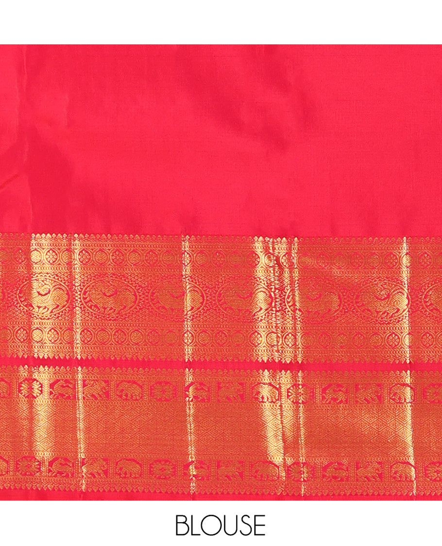 Red Kanchipuram Wedding Silk Saree, Ornamented with Jacquard Design, a Self-Border of Thilakam, Muthu, Poun, Kamalam, Yaali, Yaanai, and Jaal Design, Jaal Pallu, and a Matching Blouse