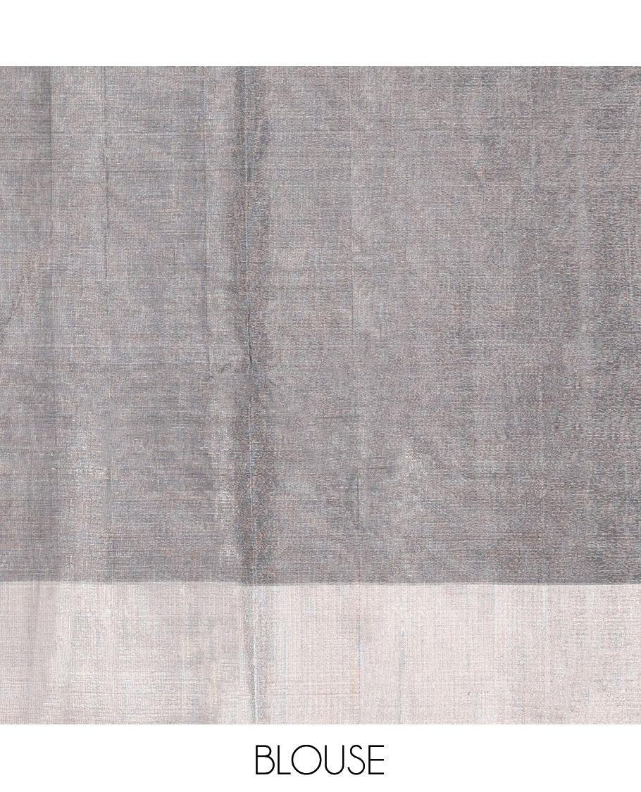 Grey Silk Cotton Saree, Gleamed up with Buttas, a Subtle Bavanji Border, Grand Geometric Patterned Pallu, and a Matching Blouse