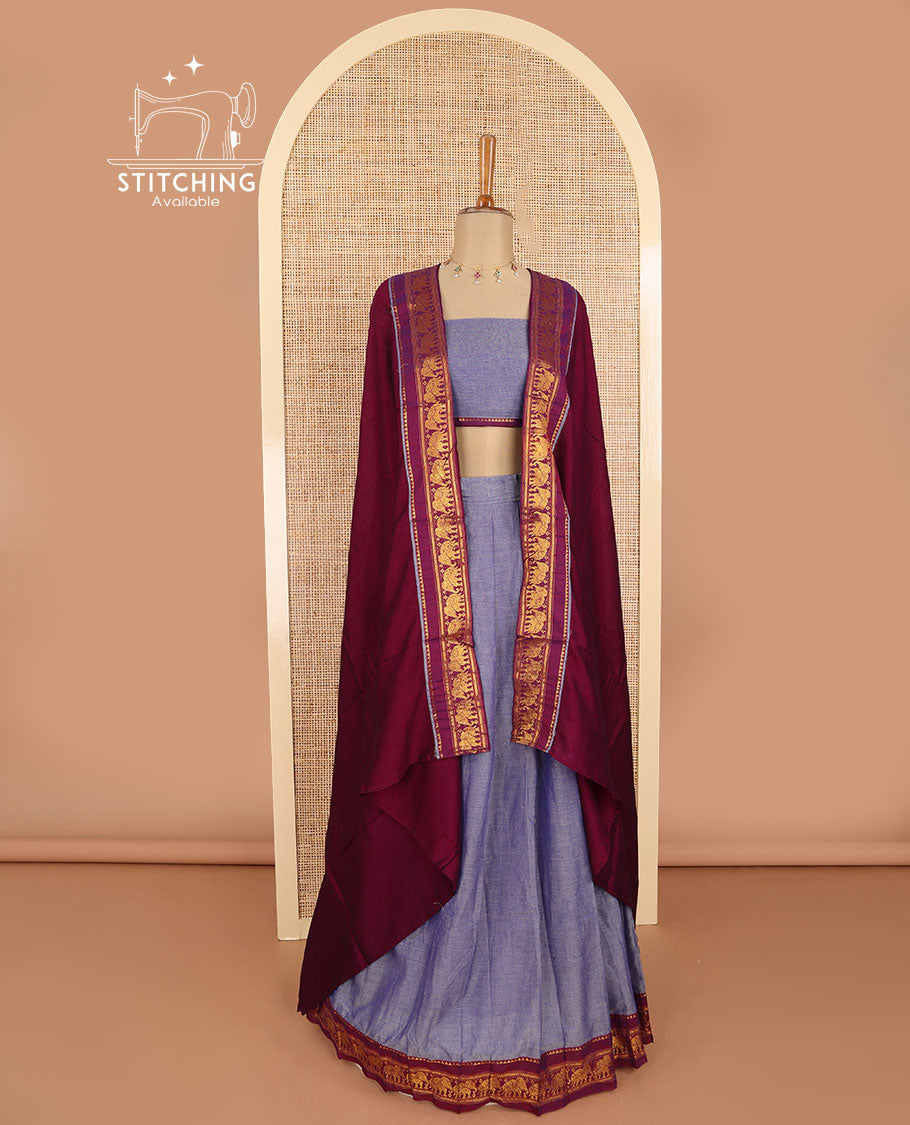 Purple with magenta mercerised cotton daman zari border half saree with zari border blouse & syska georgette 4 side piping golden zari border dhavani