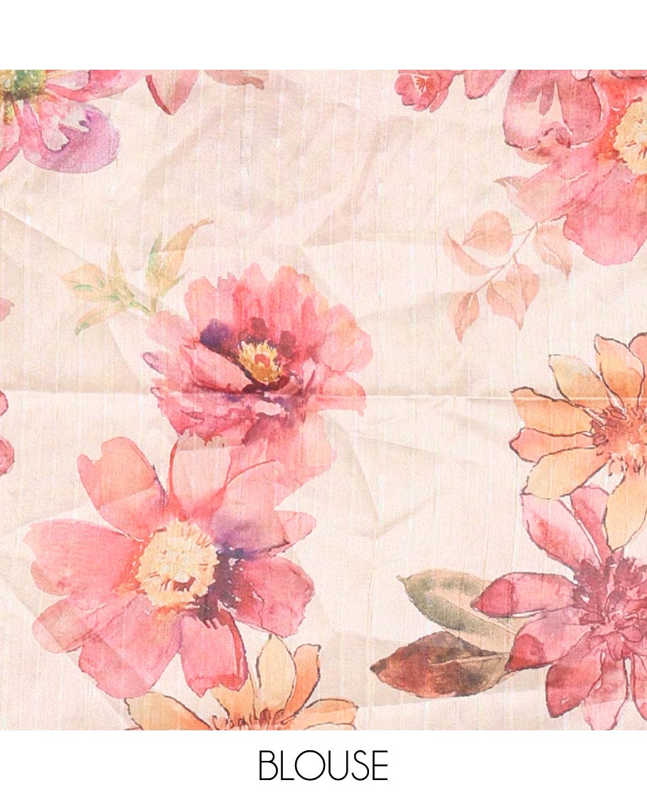 Blue plain fancy tussar digital printed saree, contrast floral digital printed border, floral printed pallu, and a floral printed blouse