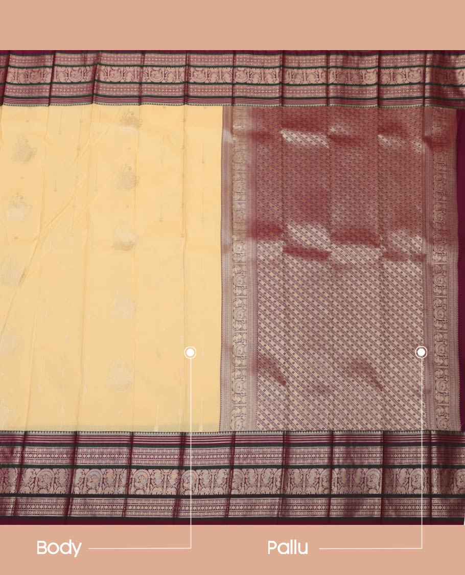 Yellow Budget Silk Saree, Subtly Sparkled With Zari Buttas All Over Its Body, Complemented by Contrast Traditional Zari Designs Woven Border, Grand Pallu and Paired with a Contrast Blouse