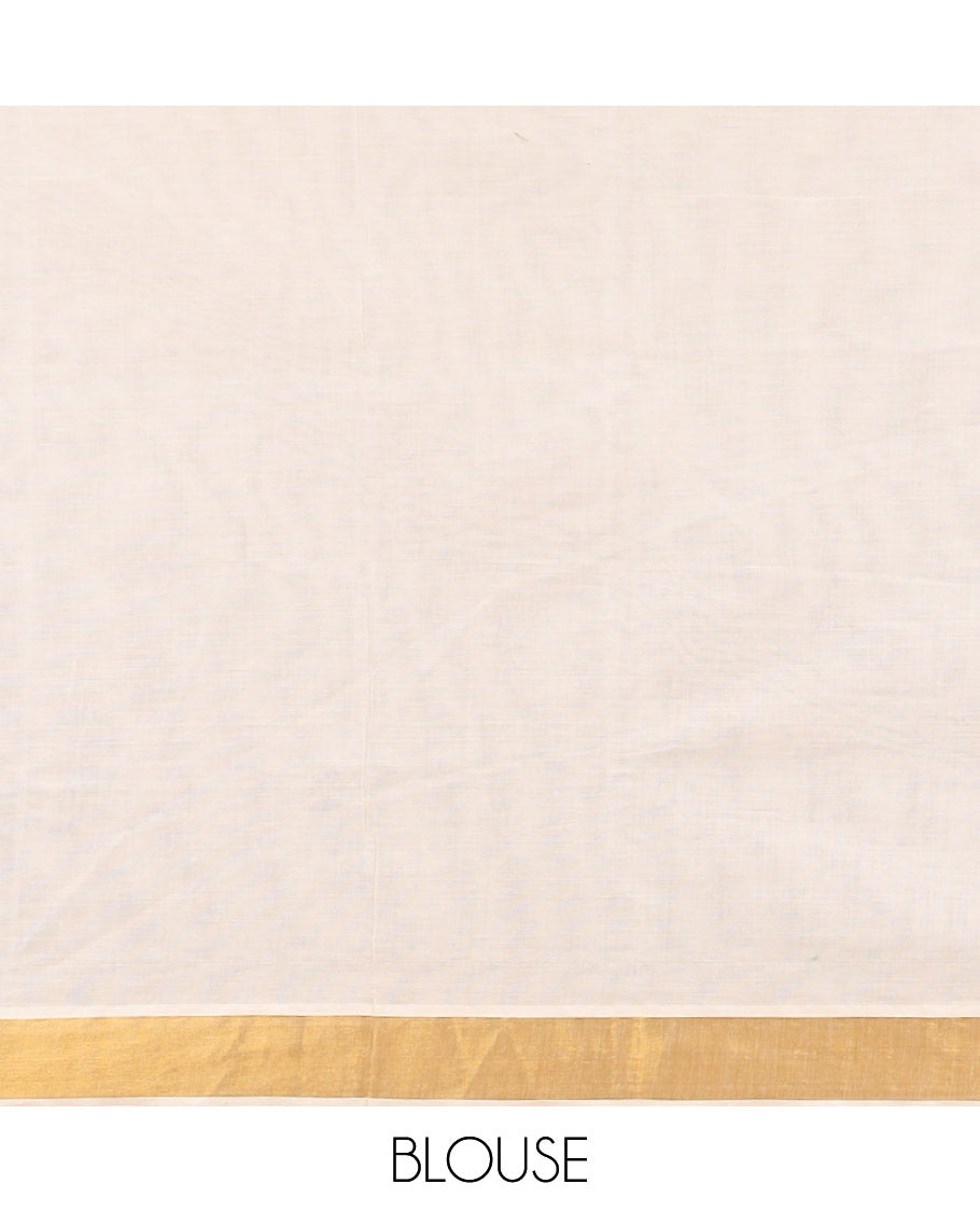Cream kerala saree with zari stripes, zari border & pallu of peacocks