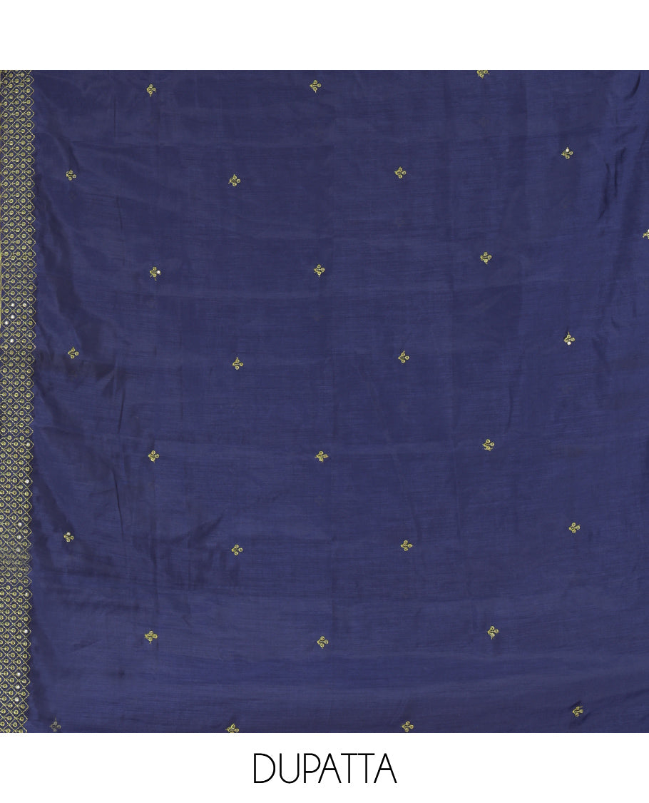 Navy Blue Semi-Silk Material Churidar Thread-Sequins Embroidered Top, a Plain Bottom, a Embroidered Dupatta
