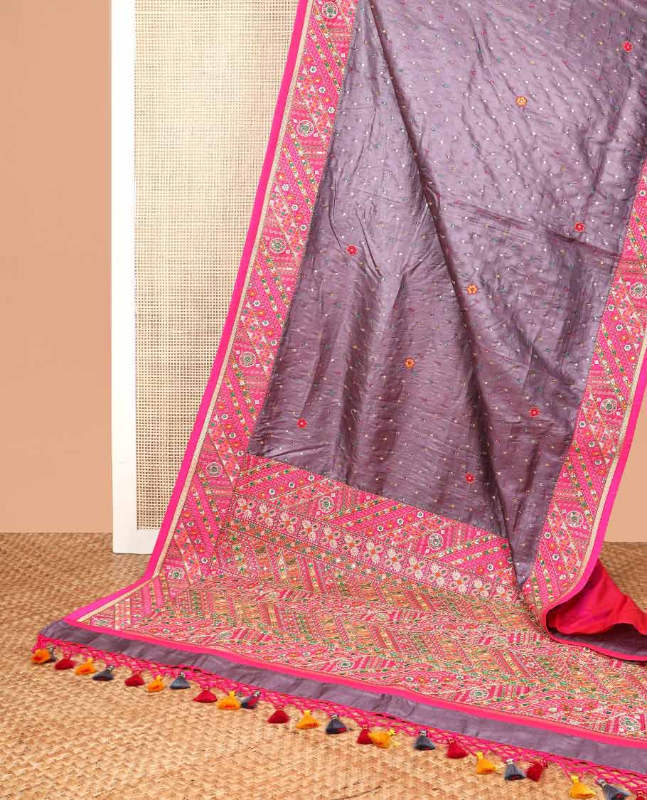 Grey mirrok work, floral butta thread embroidery tussar silk saree with contrast floral design & floral embroidery, mirror work pallu