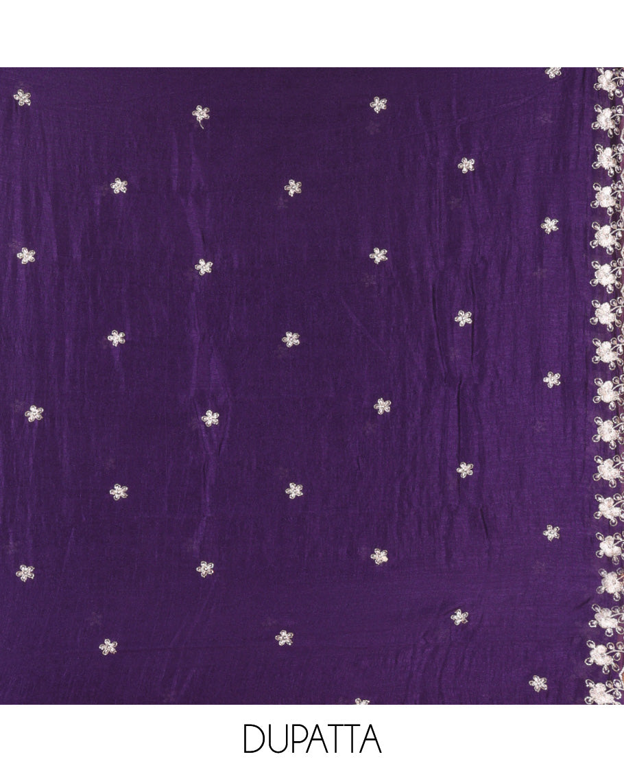Violet Semi-Silk Material Churidar Features a Floral Embroidered Top, a Matching Bottom, Embroidered Dupatta