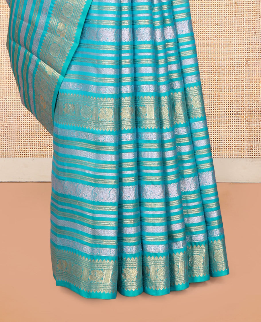 Blue Traditional Designs Vasundhara Lite Silk Mix Saree, a Annam-Chakram Border, Contrast Jaal Pallu, a Contrast Blouse
